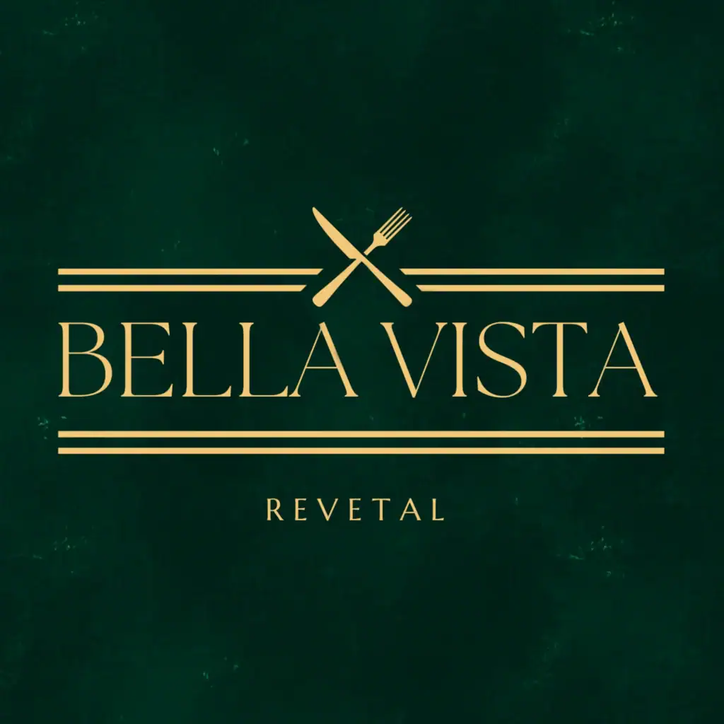 Et elegant bilde av Bella Vista-logoen for restauranten i Holmestrand, med fokus på mat og beliggenhet.